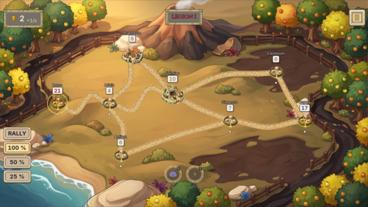 A match in progress: forts joined by roads, troops on the march